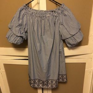 Off the shoulder navy and white dress